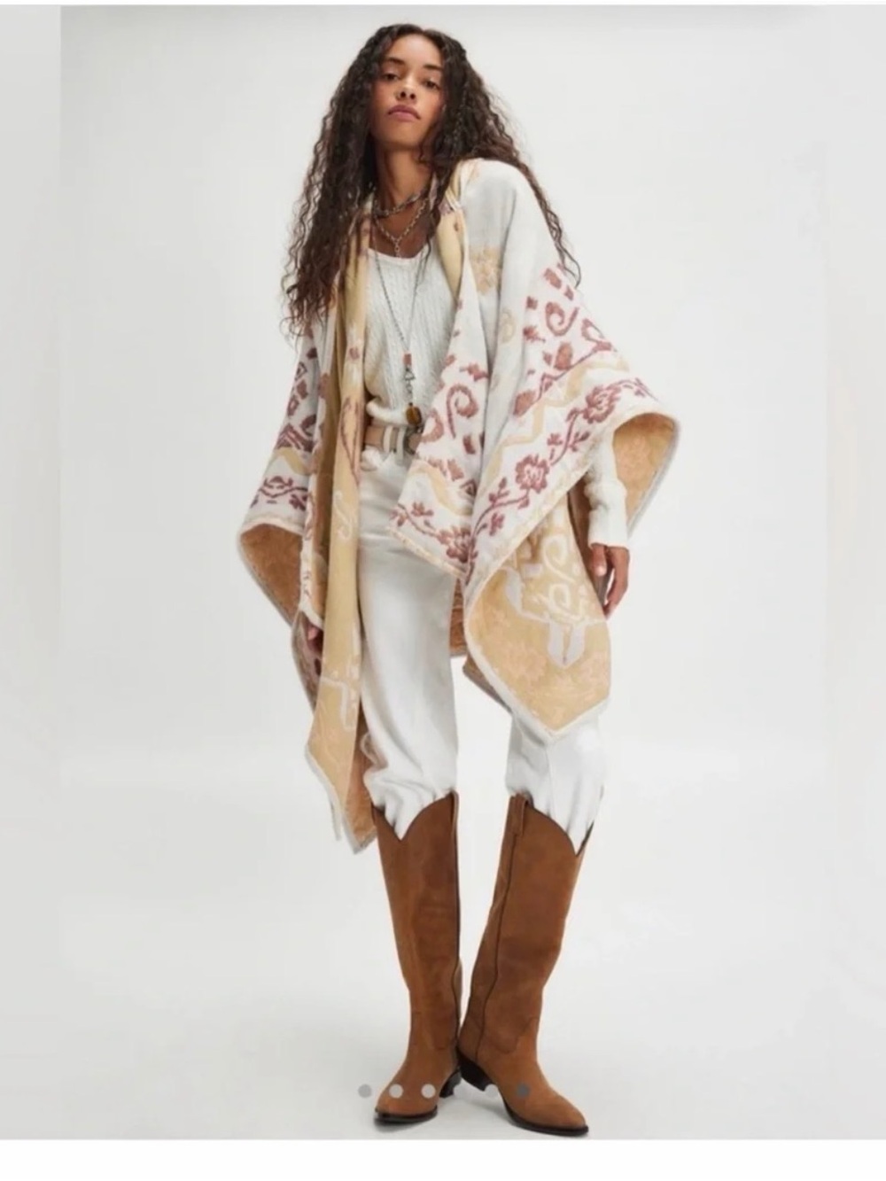Free People Cream & Tan Patterned Poncho Sweater